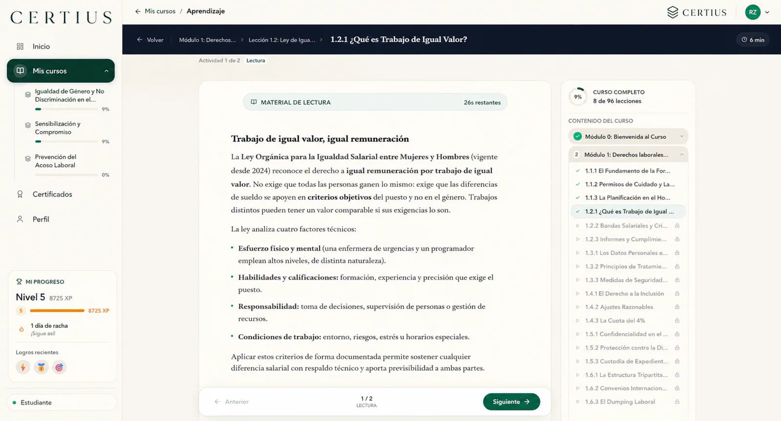 Vista de una lección de Certius con contenido de igualdad salarial y avance del curso
