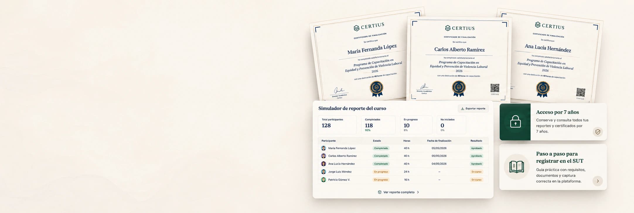 Evidencia de capacitación y certificados verificables en Certius