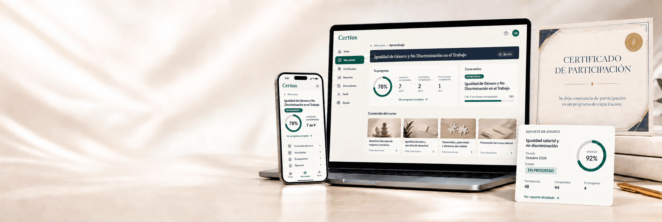 Plataforma Certius en computador y celular junto a un certificado de participación y un reporte de avance