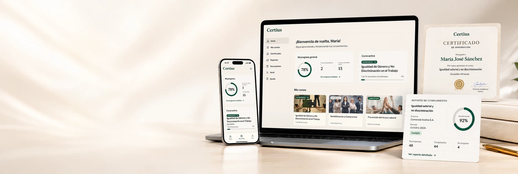 Plataforma Certius disponible en computador y celular, certificado verificable y reporte de cumplimiento