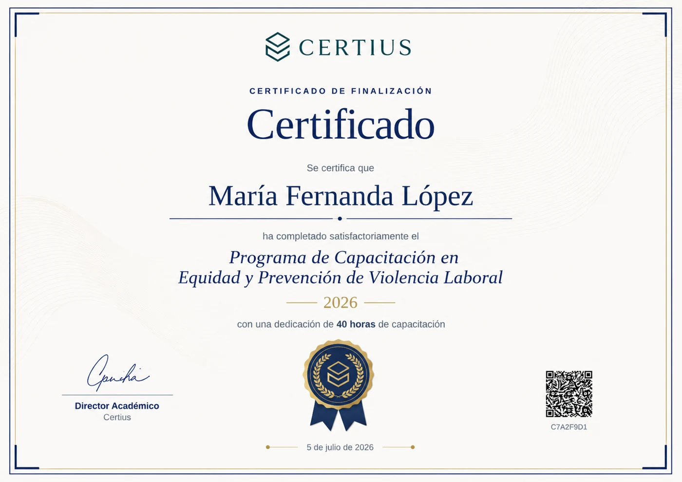 Certificado verificable del programa de 40 horas en equidad y prevención de violencia laboral, emitido por Certius con firma y código QR